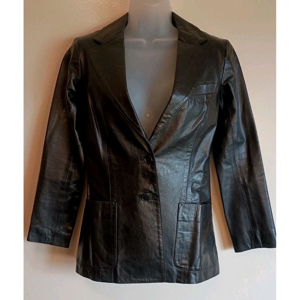 Theory Leather Blazer Womens S Black Genuine Leather Tailored Y2K Jacket